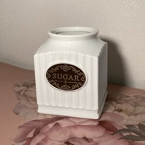 White Ceramic Sugar Canister with Gold Label No Lid